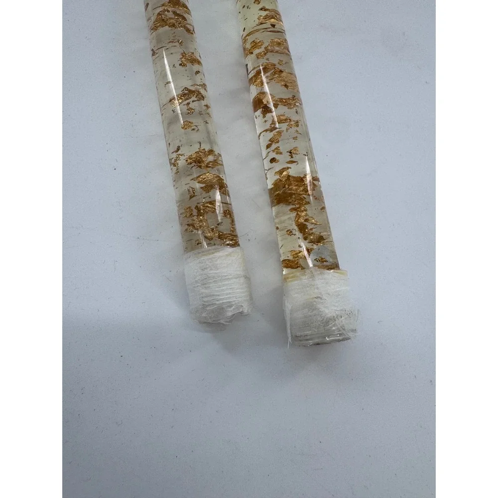 Lucite Taper‎ Candles 8in Clear Gold Leaf Flake Acrylic Set of 2 MCM